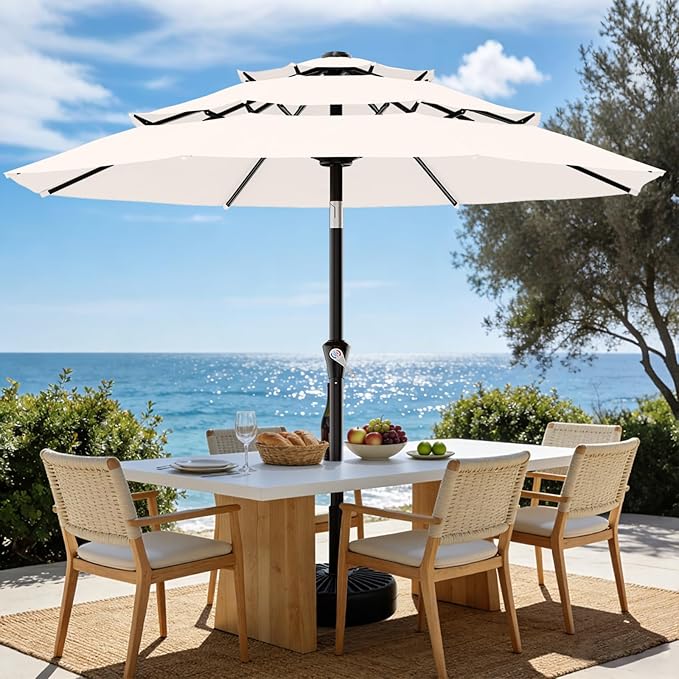 AreShark 9ft 3-Tier Patio Umbrellas, Outdoor Umbrella with 8 Sturdy Ribs UV Protection Windproof, Market Table Umbrella w/Push Button Tilt & Crank for Pool, Porch, Deck, Garden(Cream White)