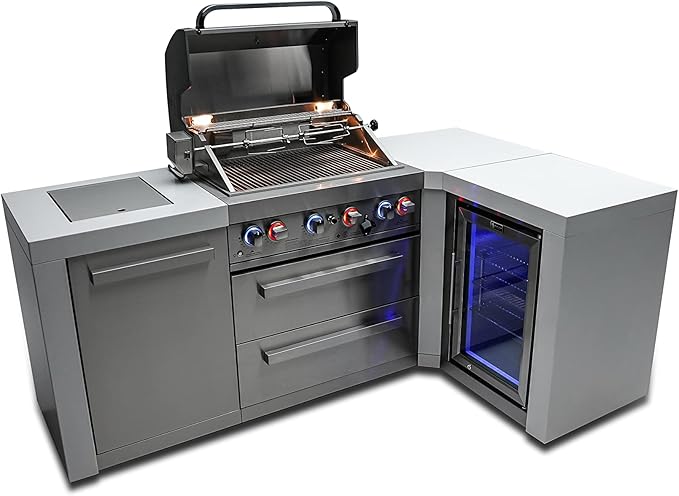 Mont Alpi 82"W x 50"D Deluxe Stainless Steel L-shaped Modular Outdoor Kitchen Island + Infrared Side Burner + Refrigerator + 32"W 4-Burner BBQ Grill + Granite Countertops + Storage Cabinets & Drawers
