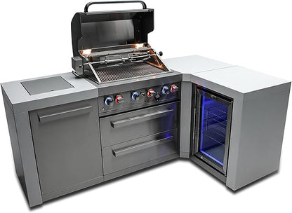 Mont Alpi 82"W x 50"D Deluxe Stainless Steel L-shaped Modular Outdoor Kitchen Island + Infrared Side Burner + Refrigerator + 32"W 4-Burner BBQ Grill + Granite Countertops + Storage Cabinets & Drawers