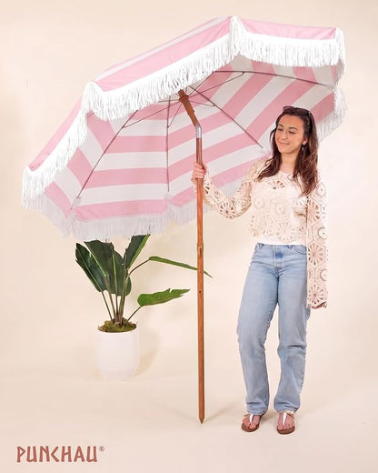 6 Ft Fringe Patio Umbrella - Outdoor Umbrella for Patio, Pool, Table, Garden, Deck, Beach, and Outdoors - Fashionable Boho Vintage Tassels & Wood Print - Push Button Tilt Pole
