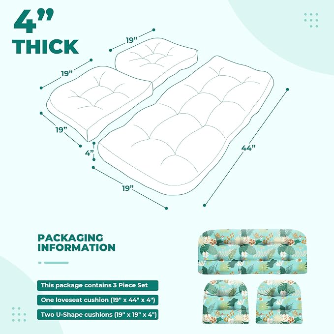 DANGHOOGY Wicker Chair Cushions, Waterproof Outdoor Loveseat Cushions for Patio Furniture, Tufted Wicker Furniture Cushions, 1 Loveseat and 2 U-Shaped Cushions (Cyan Flower)