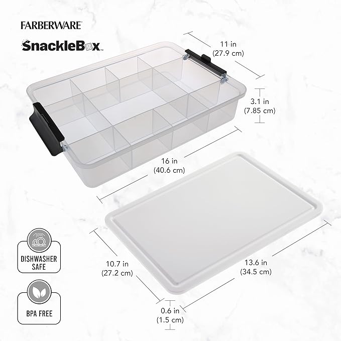Farberware Large Build-A-Board Snacklebox Serving Tray with Locking Plastic Cutting Board Lid, Portable Storage Container with 11 Compartments for Charcuterie, and More