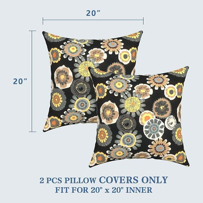 LVTXIII Outdoor Pillow Covers 20x20 Inch, 2 Pack Large Square Throw Pillow Cases, Fade-Resistant Cushion Covers for Patio Furniture Sofa, Garden Porch, Black Yellow Crosby