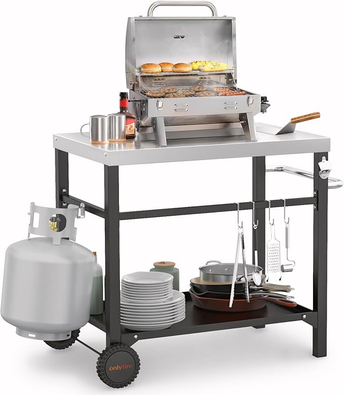onlyfire Movable Stainless Steel Dining Cart Table, Pizza Oven Table with Propane Tank Holder, Heavy Duty Utility Cart on Wheels for Outdoor Kitchen, BBQ Grill, Patio, 33.6” x 21.7” Workstation
