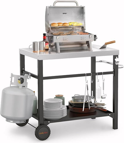 onlyfire Movable Stainless Steel Dining Cart Table, Pizza Oven Table with Propane Tank Holder, Heavy Duty Utility Cart on Wheels for Outdoor Kitchen, BBQ Grill, Patio, 33.6” x 21.7” Workstation