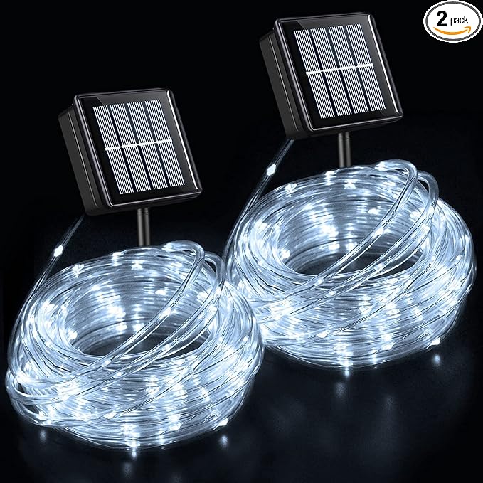 QITONG White Solar Rope Lights, 2 Pack Each 33ft 100 LED String Light Outdoor Waterproof, 8 Modes Fairy Lights in Clear Thin Tube
