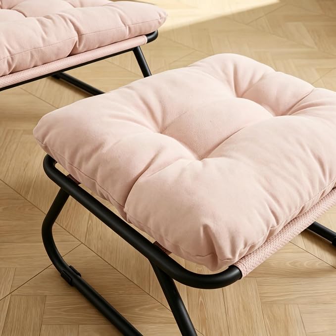 Rocking Chair with Ottoman, Modern Metal Frame Outdoor Rocker, Comfy Patio Lounge Chair with Footrest, Reading Glider Chairs for Living Room, Bedroom, Balcony, Garden, Relax, Pink