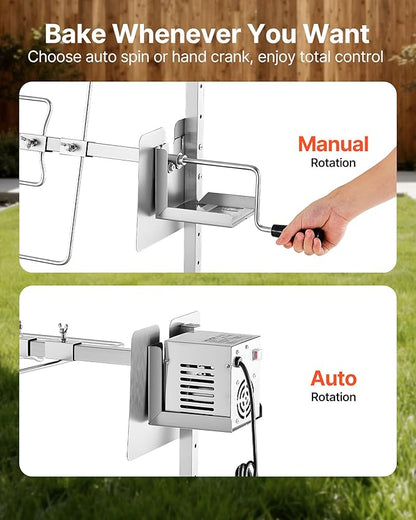 VEVOR Rotisserie Grill, 38W Stainless Steel BBQ Outdoor Pig & Lamb Spit Roaster, 132 LBS Capacity Charcoal Spit Roaster with Wheels & 7-Level Height, Electric Rotisserie Grill Kit for Camping Outdoor