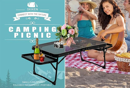 Small Low Camping Table with 2 Wing Panels, Folding Low Picnic & Outdoor Table with 2 Shelves, Lightweight & Easy Carry for Beach, Fishing, Sturdy Steel Mesh Top (3 FT, Black)