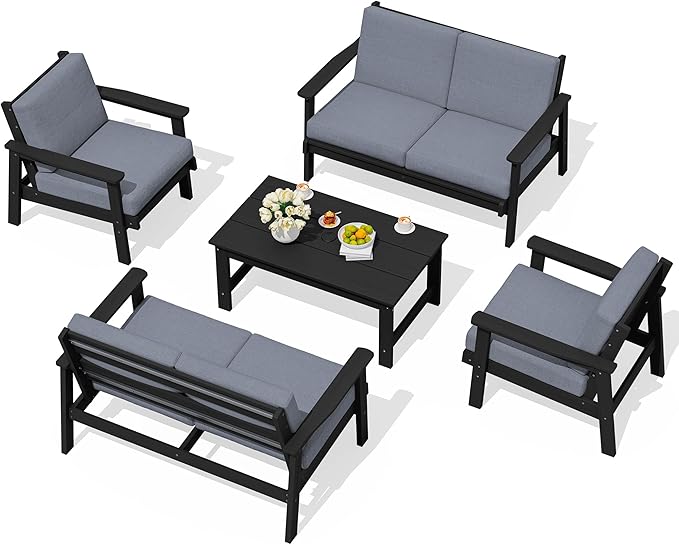 SERWALL HDPE Patio Furniture Set, 5 Piece All Weather Wood-Like Sectional Outdoor Furniture Set for Deck, Lawn, Black Patio Sofa Couch with Grey Cushions