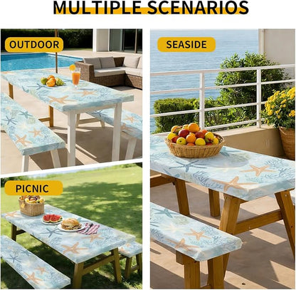 Picnic Table Cover with Bench Covers, 72 X 30 Inch Elastic Fitted Camping Tablecloth with Strap Design for 6FT Rectangle Tables, Windproof Outdoor Tablecloth Set with Storage Bag