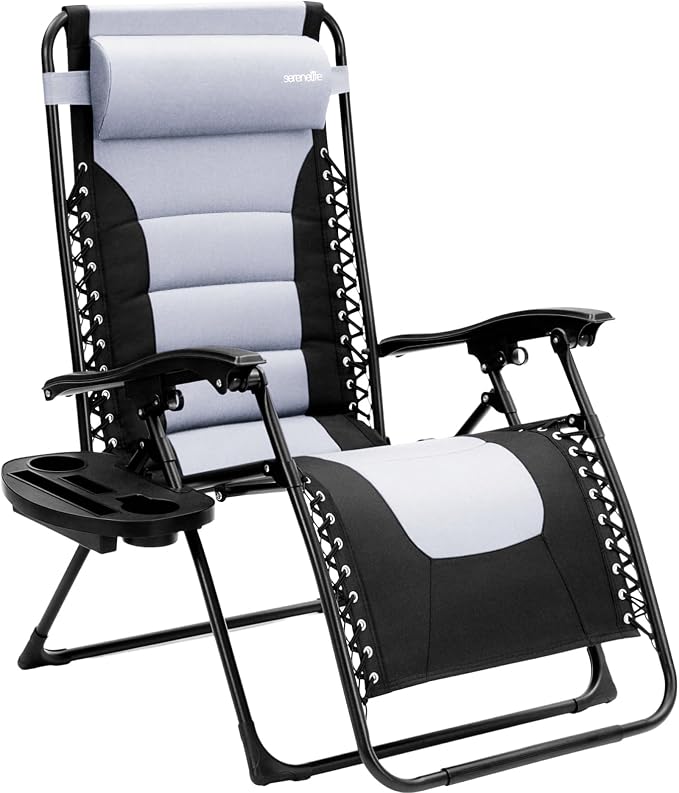SereneLife Padded Zero Gravity Recliner Chair with Side Table, Gray | Lockable Recline, Cup Holder Tray And Padded Headrest Provide Comfortable Support For Patios, Camping And Outdoor Use