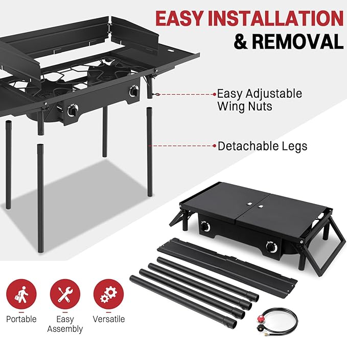 2 Burner Propane Camp Stove | 150,000 BTU | High Pressure Gas Burners | CSA Certified | Side Shelves | Windscreen | Waterproof Cover | Detachable Legs | Ideal for Camping Backyard Outdoor Cooking
