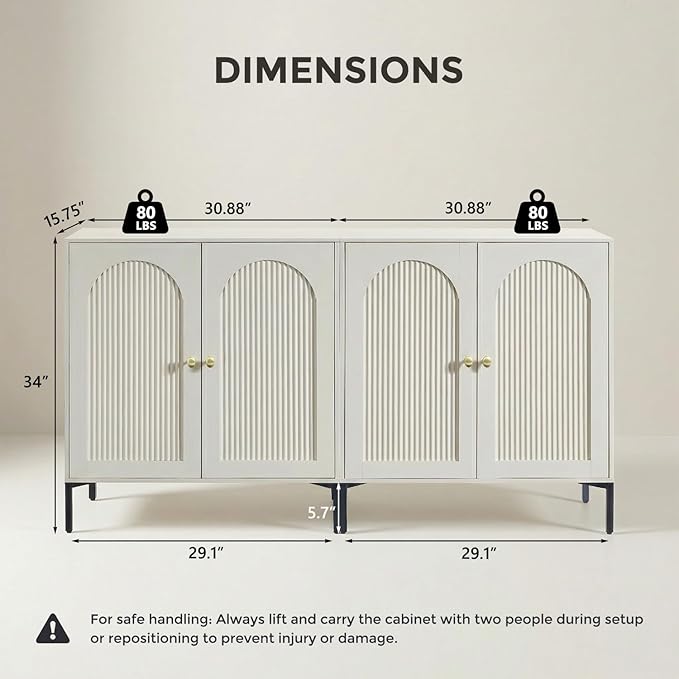 IFBUY Modern Sideboard Buffet Cabinet, 123.5" W Fluted Arched Buffet Cabinet with Storage and Adjustable Shelves, Wooden Modular Coffee Bar Cabinets for Kitchen, Entryway, Cream