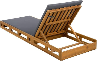 Merax Patio Chaise Lounge with Adjustable Backrest & Cushion, Acacia Wood Recliner Chair with Teak Finish for Backyard Pool Garden