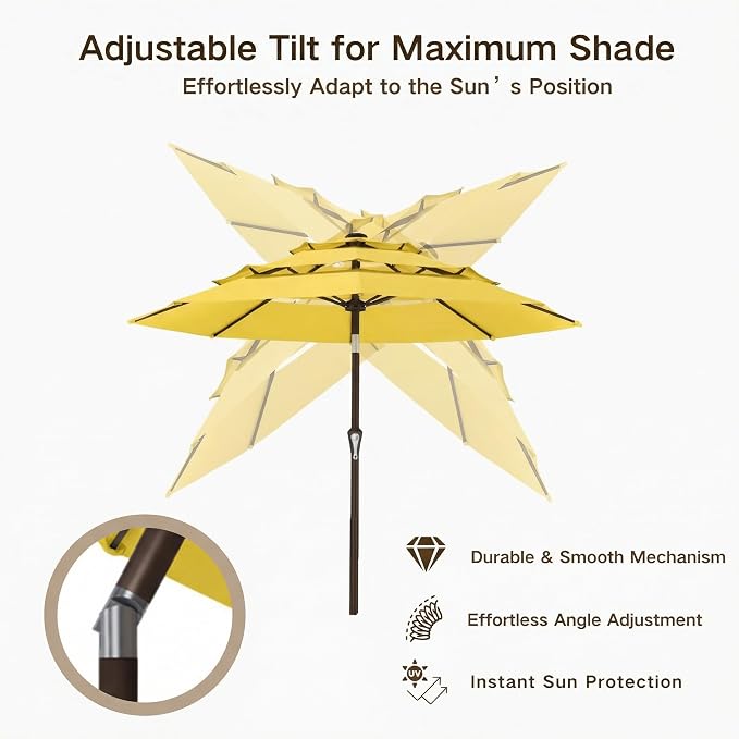 Kingdura 9ft 3-Tier Patio Umbrella, Outdoor Table Umbrella with Easy Crank & Tilt, 8 Reinforced Ribs, UV Protection for Deck, Pool, Market, Backyard (Yellow)