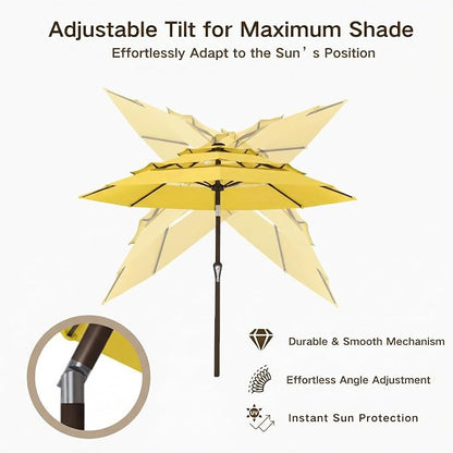 Kingdura 9ft 3-Tier Patio Umbrella, Outdoor Table Umbrella with Easy Crank & Tilt, 8 Reinforced Ribs, UV Protection for Deck, Pool, Market, Backyard (Yellow)