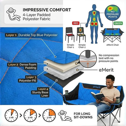 EMERIT Oversized Fully Padded Camping Chair, Heavy Duty 650LB Folding Camping Loveseat, Quad Fold Double Camping Couch with Cup Holders & Carry Bag for Outdoor, Lawn, Sports Events Blue