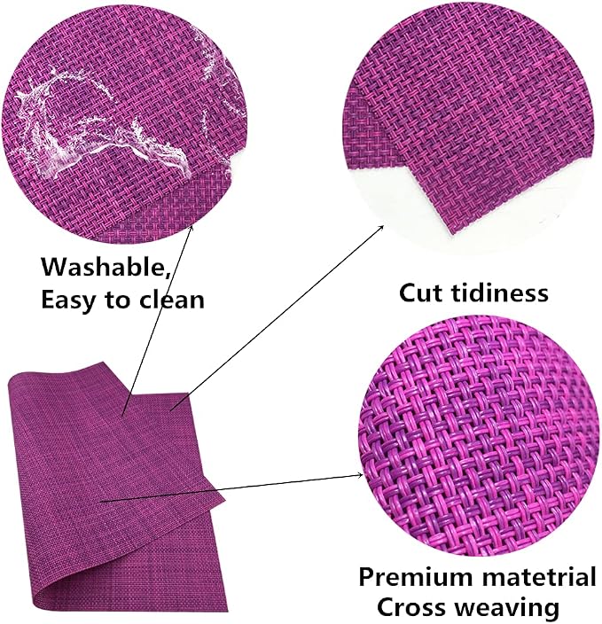 WAZAIGUR Placemats,Easy to Clean Crisscross Woven Vinyl Place Mats Durable Non-Slip Heat Resistant Table Mats,Placemats for Kitchen Table Set of 8,Purple