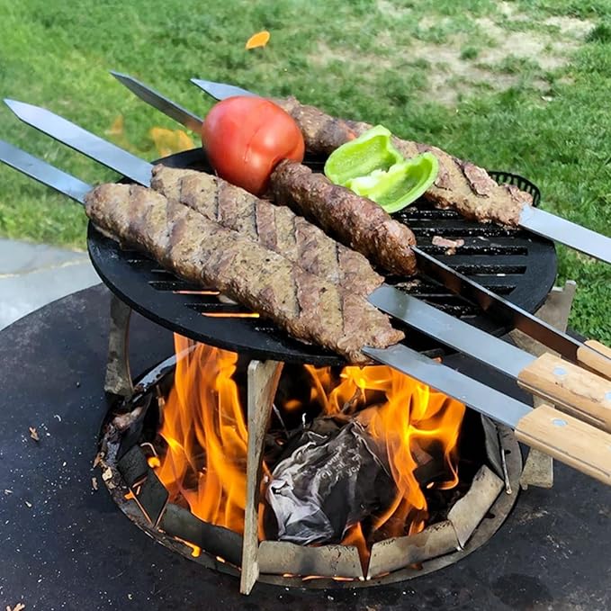 Goutime 23 X 5/8 Inch Stainless Steel Shish Kabob Barbecue BBQ Skewers with Wood Handle for Outdoor Cooking Grilling, Set of 7 with Bag