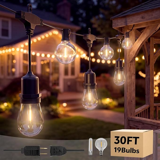 30FT LED Outdoor String Lights for Patio with 18+1L Shatterproof Bulbs | UL Certified, IP65, Connectable Plug in Hanging Lights for Outdoor Backyard, Deck, Gazebo, Balcony, Camping, Party