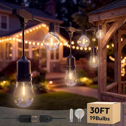 30FT LED Outdoor String Lights for Patio with 18+1L Shatterproof Bulbs | UL Certified, IP65, Connectable Plug in Hanging Lights for Outdoor Backyard, Deck, Gazebo, Balcony, Camping, Party