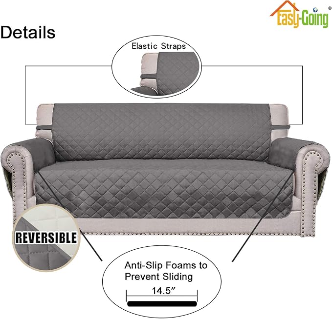 Easy-Going Reversible Couch Cover, 2 Cushion Sofa, Gray/Ivory | Oversized Loveseat Slipcover For Dogs, Water Resistant Mat, Living Room, Non-Slip Sofa Cover, Pet Friendly