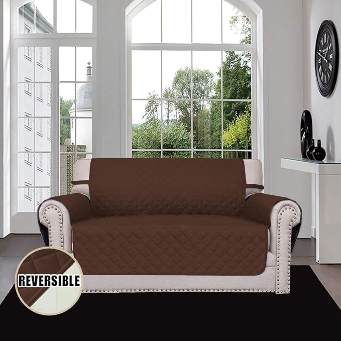 Easy-Going Reversible Loveseat Couch Cover for 2 Cushion Couch Sofa Cover for Dogs Water Resistant Furniture Protector with Foam Sticks Elastic Straps for Pet (Loveseat, Coffee/Ivory) | Machine Washable Slipcover For Dogs, Water Resistant Furniture Mat...