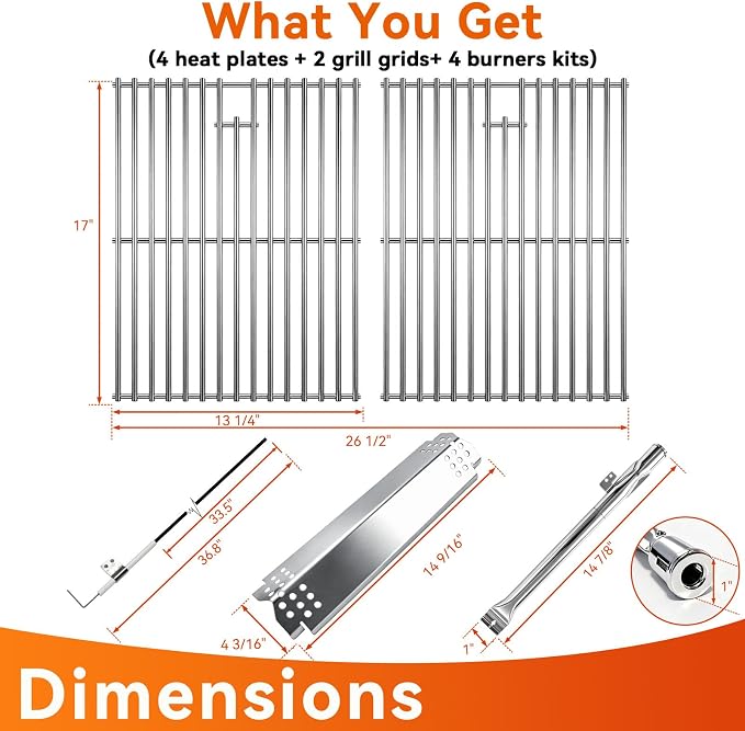 Grill Replacement Parts for Nexgrill 4-Burner 720-0830H 720-0830D 720-0783C 720-0783E 720-0958A,5-Burner 720-0888N, 17" Stainless Steel Grill Grate + Heat Plate + Burner Kit for Nexgrill