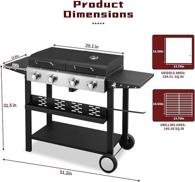 SKOK 4 Burner 3-in-1 Charcoal/Gas/Griddle Combo Outdoor Grill – 331 Sq. In. Cast Iron Grate & Griddle Pan, Propane Griddle Grill Combo for Outdoor Cooking, Backyard, Patio, Camping