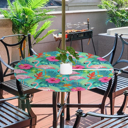 Tropical Flamingo Outdoor Round Fitted Tablecloth with Umbrella Hole and Zipper, 36"-44" Elastic Patio Table Cloth Oil-Proof Waterproof Patio Table Cover for Picnic Party Camping