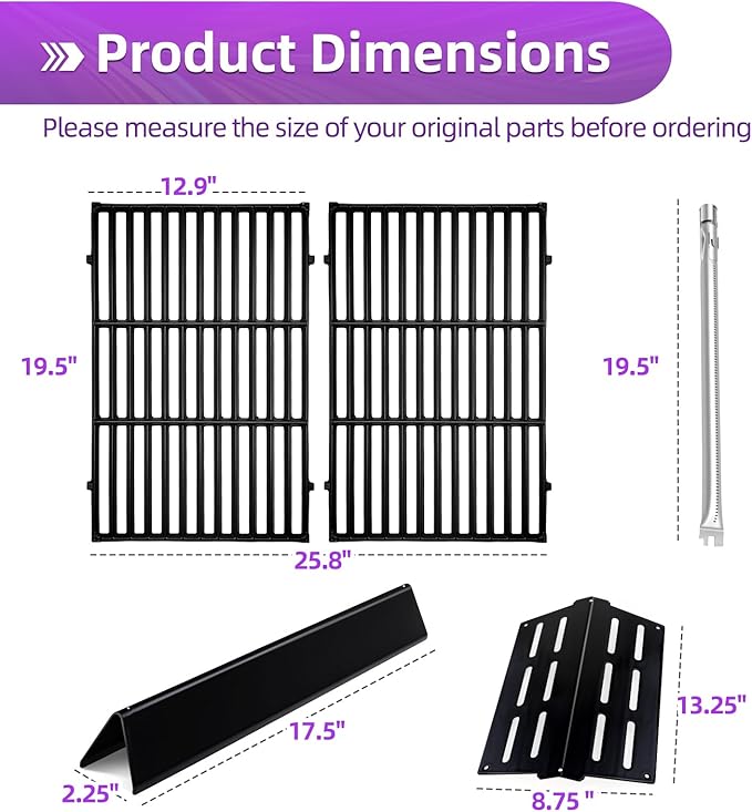 Genesis Grill Parts for Weber Genesis E310 with 7524 Cast Iron Grill Grate Porcelain Flavorizer Bars 7622 Heat Deflector and 62752 Gril Burners for Weber Genesis 300 Series, Genesis E330 S330
