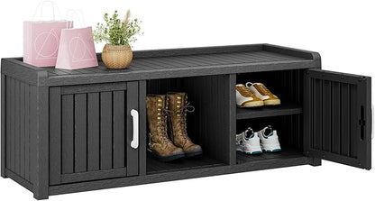 Bifanuo Shoe Storage Cabinet, 2-Door Outdoor Storage Bench with Adjustable Shelves, Waterproof UV-Resistant for Hallway, Living Room, Entryway, Large Capacity Modern Organizer (Black)