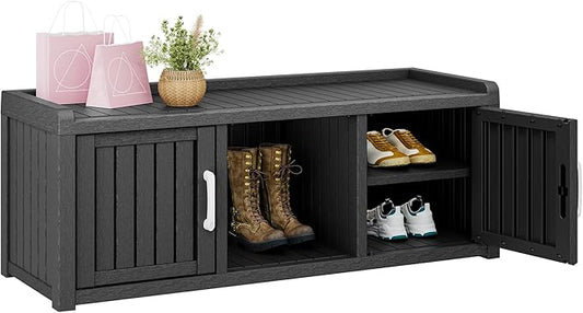 Bifanuo Shoe Storage Cabinet, 2-Door Outdoor Storage Bench with Adjustable Shelves, Waterproof UV-Resistant for Hallway, Living Room, Entryway, Large Capacity Modern Organizer (Black)