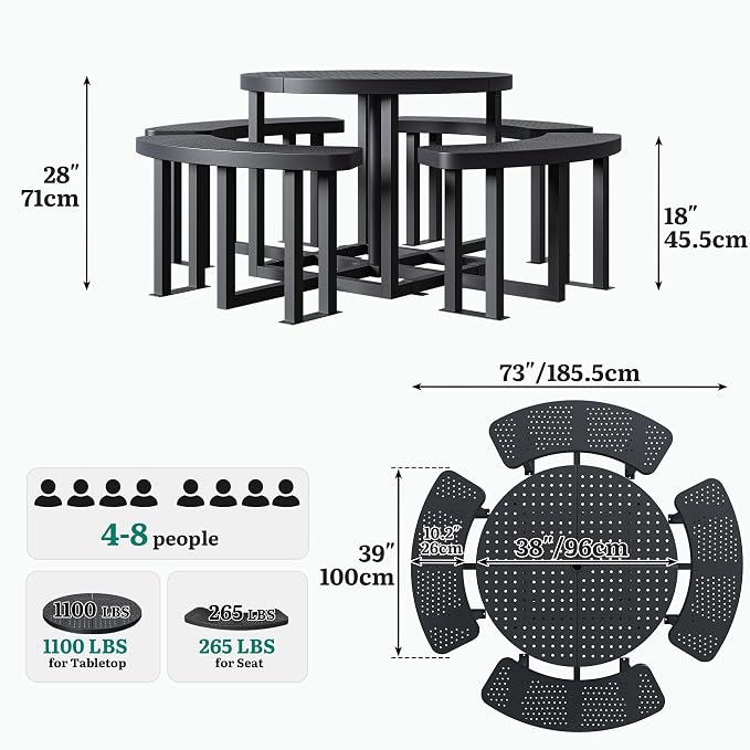 YITAHOME 38 in Metal Picnic Table, Powder Coated Outdoor Picnic Table with Heavy-Duty Steel Frame, Adjustable Seats & Umbrella Hole for Yard, Patio, Lawn, Party, Black, Round