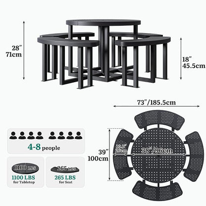 YITAHOME 38 in Metal Picnic Table, Powder Coated Outdoor Picnic Table with Heavy-Duty Steel Frame, Adjustable Seats & Umbrella Hole for Yard, Patio, Lawn, Party, Black, Round