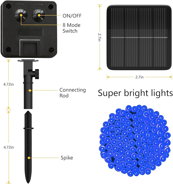 Flechllary Solar String Lights for Outside, 39Ft 100 LED Solar String Lights Outdoor with 8 Modes，Solar Lights for Outside Waterproof for Yard, Fence,Balcony, Party,Christmas Tree Decorations (Blue)