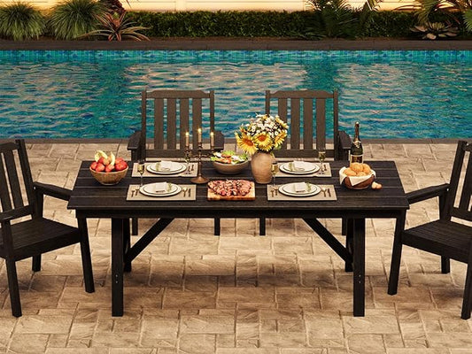 GarveeLife 5-Piece Outdoor Dining Set for Patio 4 People, HDPE All Weather Furniture Table Set with Large Table Umbrella Hole, Modern Outdoor Dining Chairs Armrest for Backyard Garden Deck (Black)
