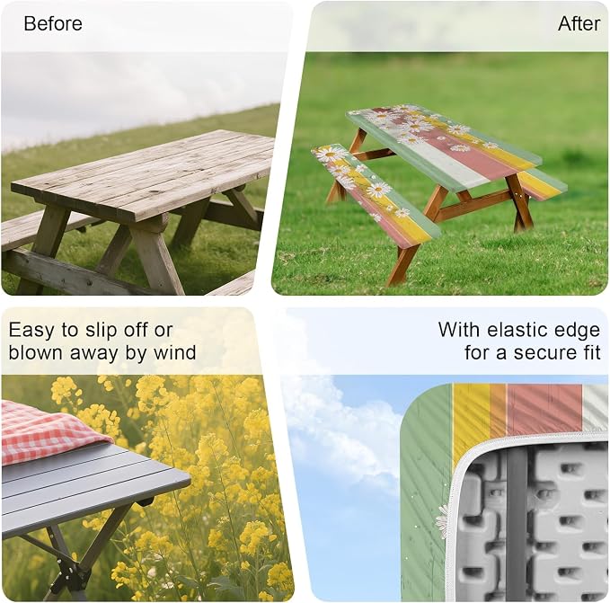 FOREVER QUEEN Picnic Table Cover with Bench Covers 72in,Waterproof Windproof Fitted Tablecloth,Spring Daisy Floral Camping Essentials with Drawstring Bag for Patio,Park & Backyard