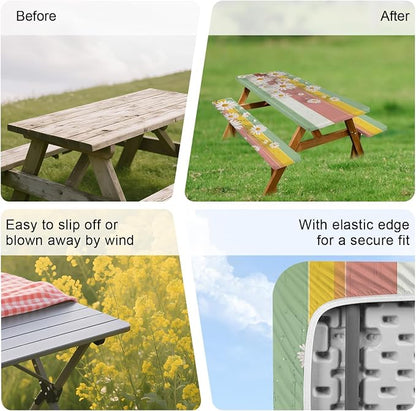 FOREVER QUEEN Picnic Table Cover with Bench Covers 72in,Waterproof Windproof Fitted Tablecloth,Spring Daisy Floral Camping Essentials with Drawstring Bag for Patio,Park & Backyard