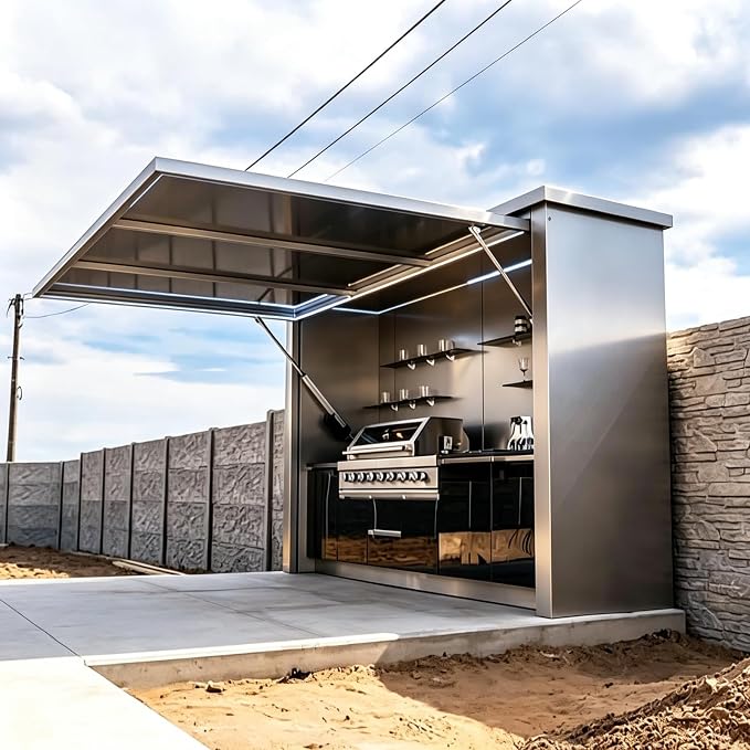 Prefab Outdoor Kitchen Pod, Luxury Modular Kitchen Island with Roof, Sink, Grill, Storage Cabinet, Burners, Refrigerator, Backyard Patio Cooking Station