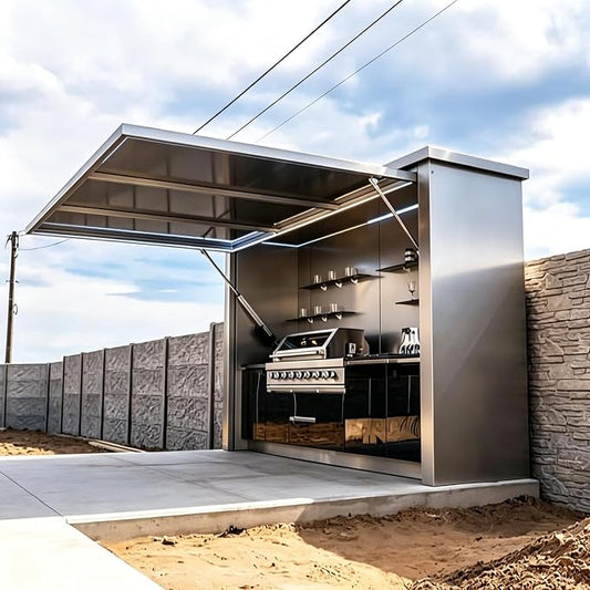 Prefab Outdoor Kitchen Pod, Luxury Modular Kitchen Island with Roof, Sink, Grill, Storage Cabinet, Burners, Refrigerator, Backyard Patio Cooking Station