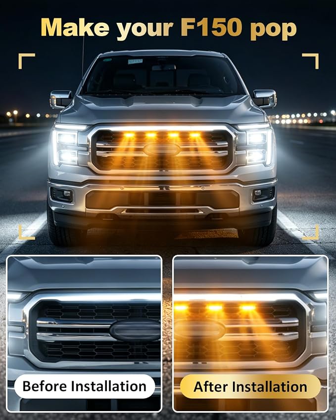 Front Grill Raptor Lights for Ford F150 2024 2025 2026 (Yellow, Lariat) | 5th Gen F150 Grille Marker Lights, Waterproof F150 LED Lights Accessories, Snap-in Installation, OEM Style, Off-road Driving
