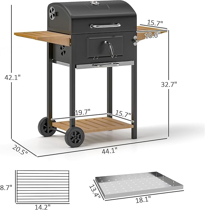 Black Charcoal Grill 245sq.in. – 3-Position Adjustable Pan, Lid Thermometer, 2 Side Shelves + Bottom Shelf, Warming Rack, Mobility Wheels