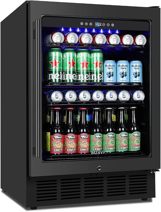 24 Inch Beverage Refrigerator Under Counter, Drink Fridge 180 Cans Large Capacity with Glass Door, 38dB Whisper Quiet Beverage Cooler Built-in for Home Bar Office, Memory Function for Beer Soda, Black