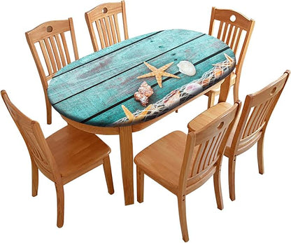 Wood Grain Fitted Tablecloth Oval, Ocean Mesh Starfish with Shells Elastic Edge Table Cover, Polyester Table Cloths for Indoor Outdoor Party Dinner Patio Decor, Fits Tables Up to 60 x84 in, Teal Blue