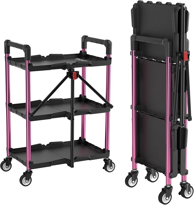 WORKPRO 3-Tier Collapsible Utility Cart, 210 LBS Cart with Wheels | No Assembly Required, Foldable Service Cart with Spacious Shelves for Garage, Warehouse, Office & Home Use, Black/Pink