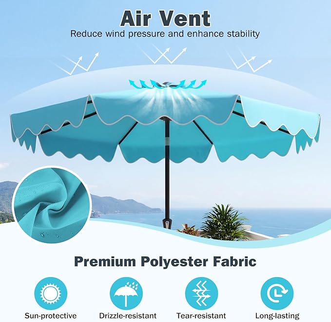 Tangkula 9 FT Patio Umbrella with Base Included, 2-Tiers Outdoor Scalloped Table Umbrella with 2 Sandbags, Tilt Adjustment, Crank, 8 Ribs for Market Backyard Pool Deck Beach Lawn