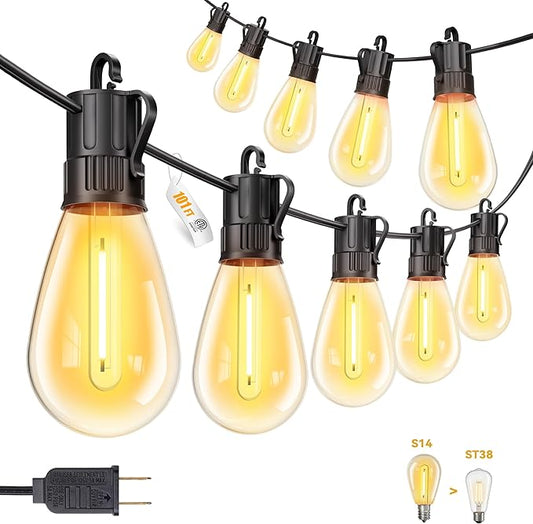 Minetom 101FT Outdoor String LED Patio Lights Waterproof, Shatterproof S14 Vintage Edison Bulbs, Commercial Grade Outside Hanging Lights for Porch Deck Garden Backyard Balcony Cafe Bistro