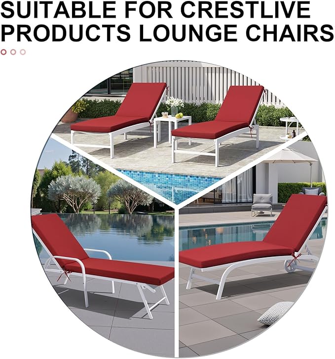 Crestlive Products Outdoor Chaise Lounge Cushions Set of 2, Fade Resistant Water Resistant Lounge Chair Cushion, 72''L x 21''W, Chili